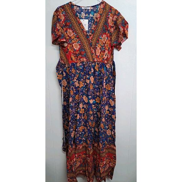 Ostoo Dresses & Skirts - Womens Bohemia Side Split V Neck Ruffles Short Sleeves Maxi Dress with Belt Sz M